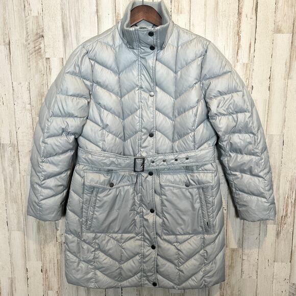 Lands' End Jackets & Blazers - Lands End Down Feather Puffer Coat Sz Small Blue Gray Belted Gorpcore Travel EUC